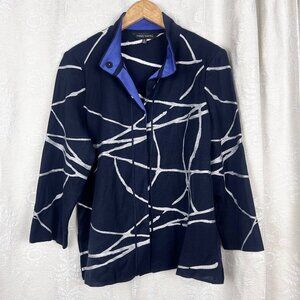Ming Wang abstract pattern snap front shacket blue stretch lagenlook jacket L